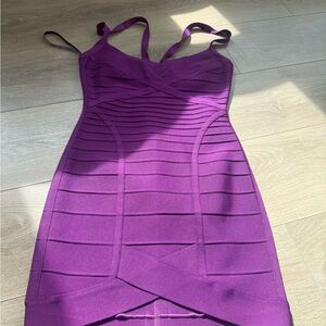 Herve Leger Purple Asymmetrical Ribbed Mini Dress